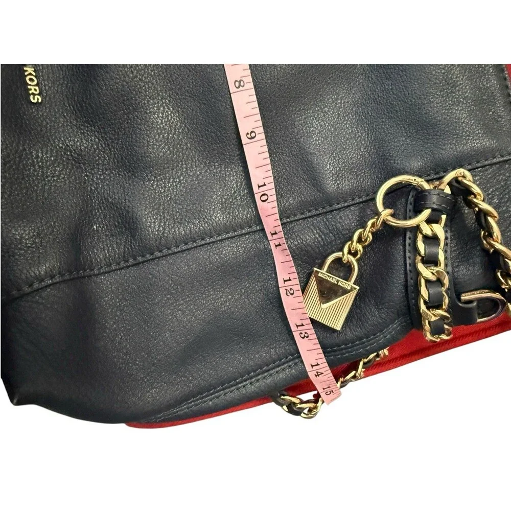 Michael Kors Navy Blue Pebbled Leather Chain Shoulder Tote Gold Lock Charm Bag